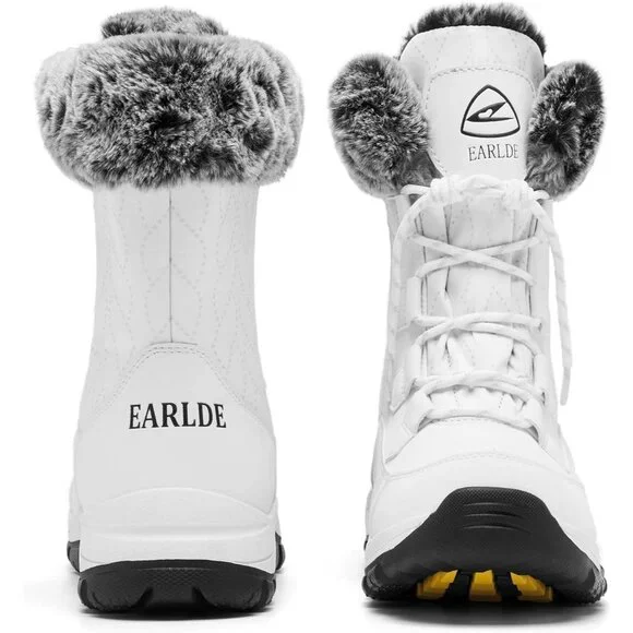 Women’s White Wheat Strip Waterproof Snow Boots Mid-Calf Faux Fur Lined Non-Slip